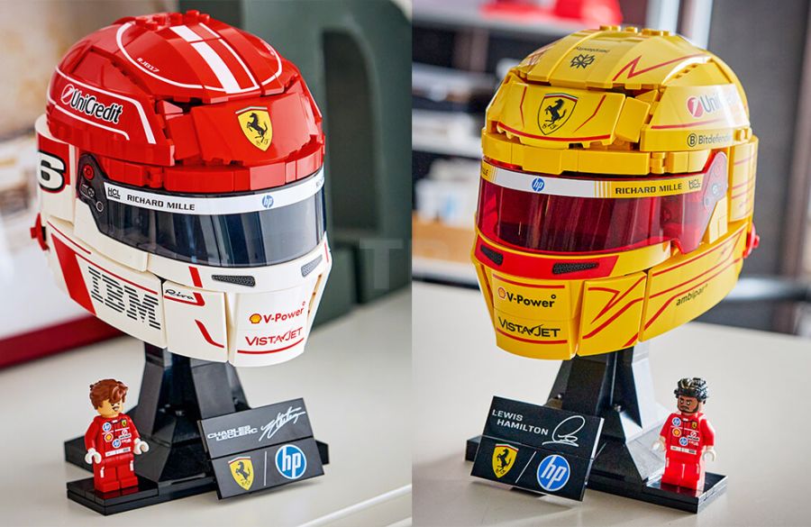 LEGO Ferrari F1 helmets of Charles Leclerc and Lewis Hamilton