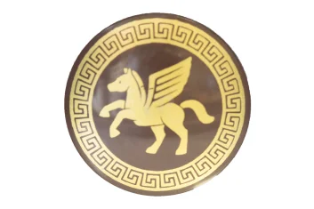 LEGO Minifigur, Schild rund mit abgerundeter Vorderseite und goldenem geflügelten Pferdemuster