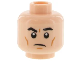 LEGO Minifigur, Kopf beidseitig, schwarze Augenbrauen, dunkelorangefarbene Wangenlinien, hochgezogene linke Augenbraue…
