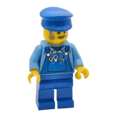 LEGO Meccanico maschio con cappello blu, baffi e basette scuri, camicia…