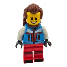 LEGO Toerist - Man, donker azuurblauw jack, rode benen met donkerrode…