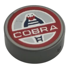 LEGO Fliese, rund, 1 x 1, mit silbernem „COBRA“-Schriftzug und rotem,…
