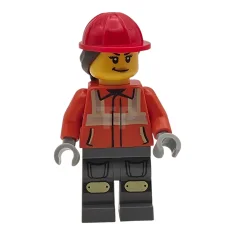 LEGO Bouwvakker - vrouw, roodachtig oranje veiligheidsvest met reflecterende strepen, donkerblauwgrijze…