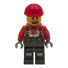 LEGO Bouwvakker – Man, donkerblauwgrijze overall over een roodoranje veiligheidsjas met…