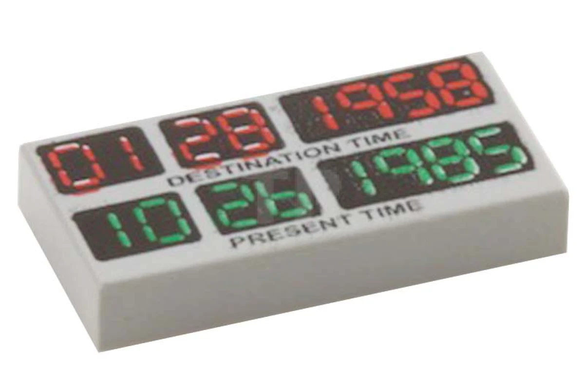 LEGO&reg; 6047090 - 3069pb0289 - Tile 1 x 2 with 'DESTINATION TIME' and 'PRESENT TIME' Pattern