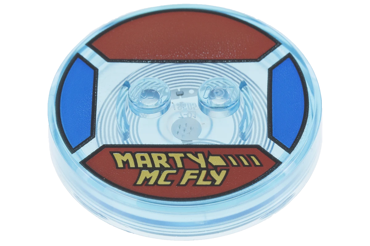 LEGO&reg; 6122862 - 18605c01pb06 - Dimensions Toy Tag 4 x 4 x 2/3 with 2 Studs for Marty McFly #6 with Yellow 'MARTY MC FLY' Pattern