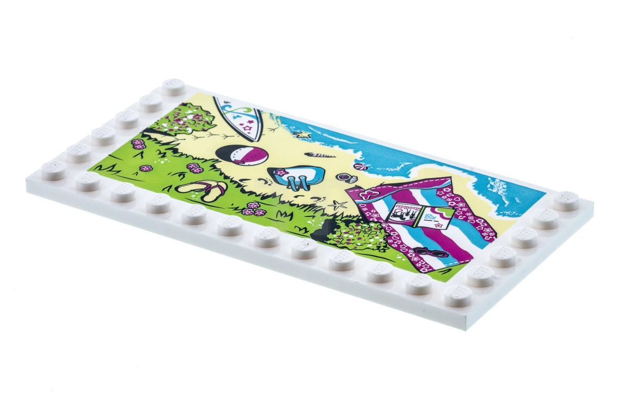 LEGO&reg; 6106023 - 6178pb015 - Fliese, modifiziert 6 x 12 mit Noppen an den Rändern mit Strandtuch, Tasche, Muscheln, Surfbrett, Ball und Schuhen als Muster