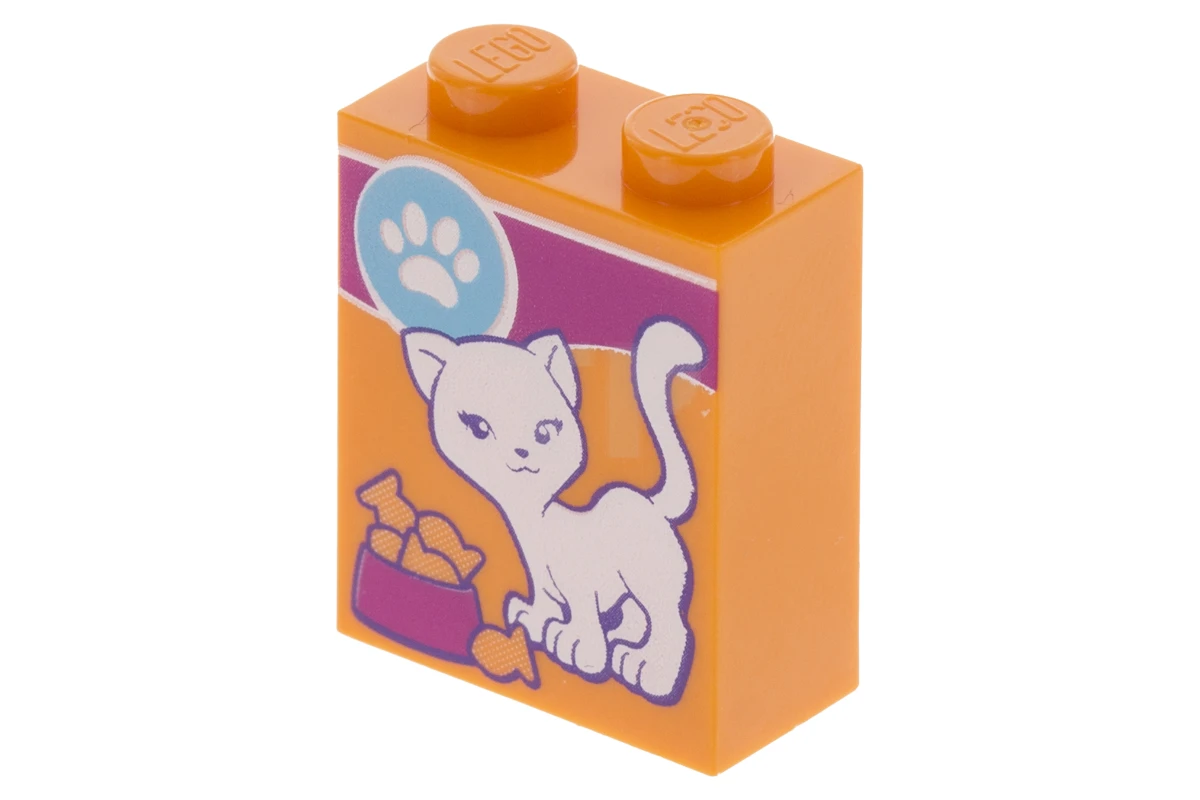 LEGO&reg; 6151990 - 3245cpb046 - Brick 1 x 2 x 2 with Inside Stud Holder with White Cat and Paw Print Cat Food Box Pattern