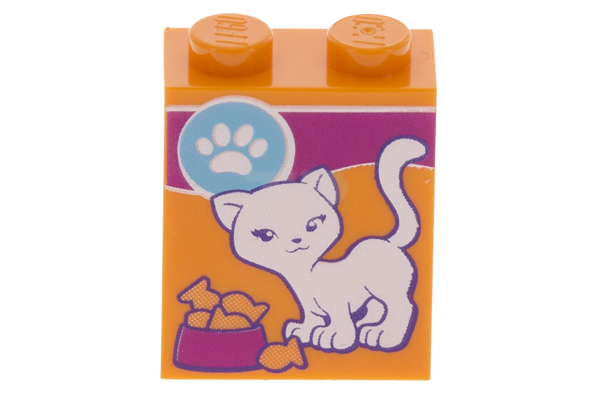 LEGO&reg; 6151990 - 3245cpb046 - Brick 1 x 2 x 2 with Inside Stud Holder with White Cat and Paw Print Cat Food Box Pattern