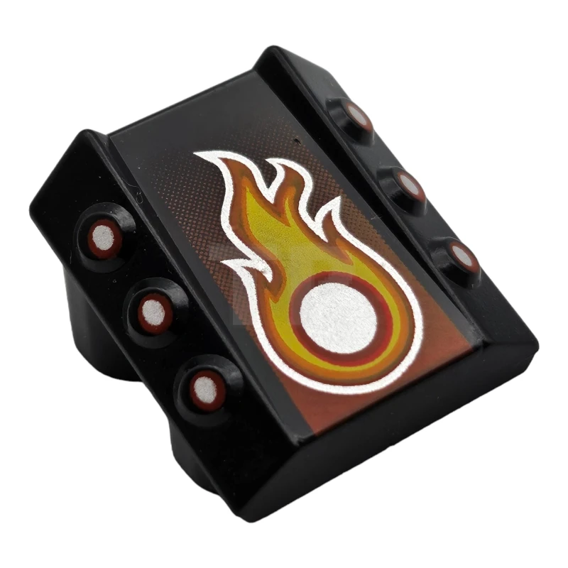 LEGO&reg; 4195761 - 30603pb13 - Brick, Modified 2 x 2 No Studs, Sloped with 3 Side Pistons Raised and Silver/Red/Yellow Flame Pattern