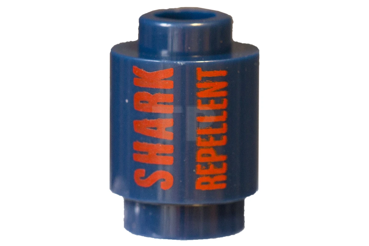 LEGO&reg; 6175160 - 3062pb050 - Brick 1 x 1 Round with 'SHARK REPELLENT'  Pattern, Open Stud