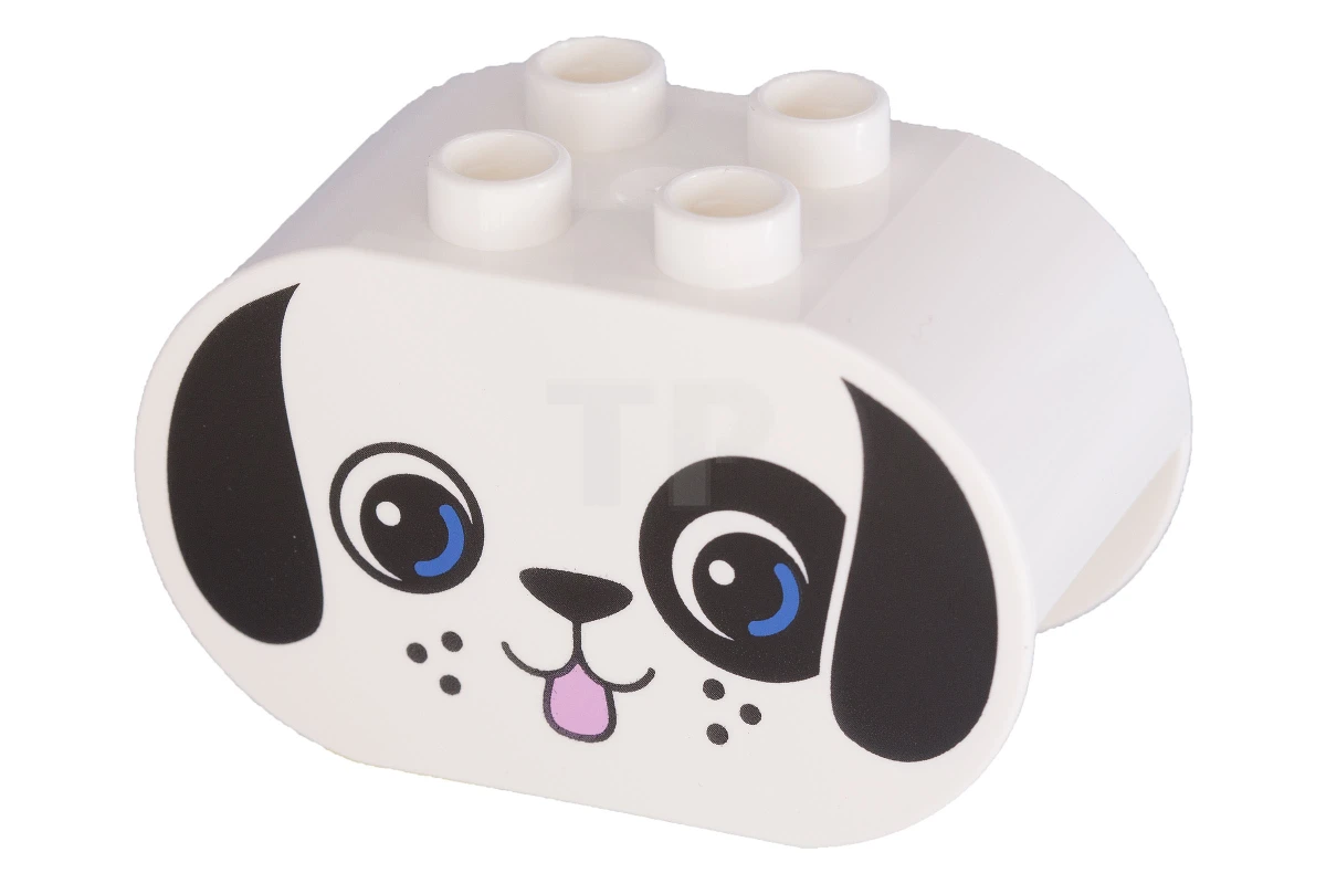 LEGO&reg; 6056642 - 4198pb20 - Duplo, Brick 2 x 4 x 2 Rounded Ends with Dog Face with Black Ears and Blue Eyes Pattern