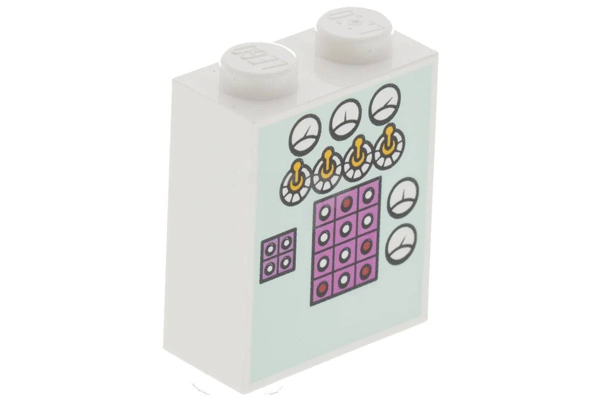 LEGO&reg; 6175982 - 3245cpb048 - Brick 1 x 2 x 2 with Inside Stud Holder with Gauges, Toggle Switches and Buttons on Light Aqua Background Pattern