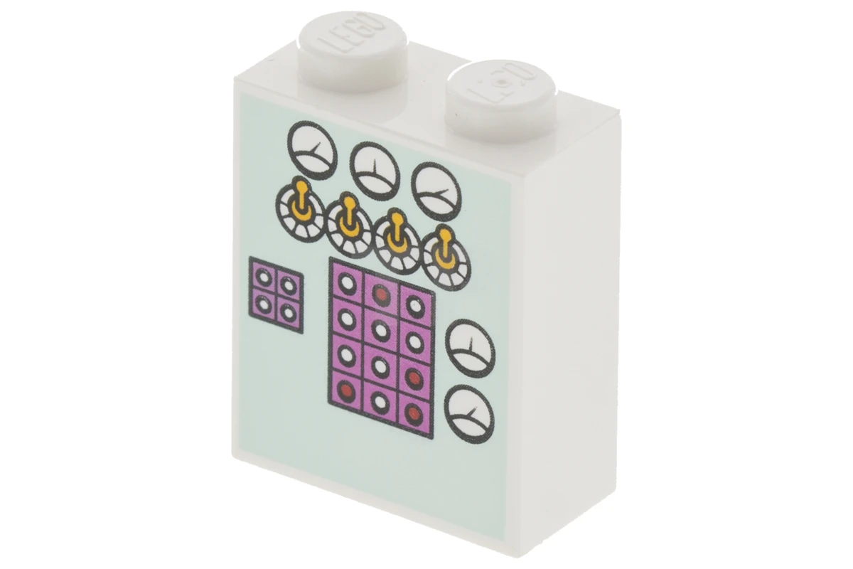 LEGO&reg; 6175982 - 3245cpb048 - Brick 1 x 2 x 2 with Inside Stud Holder with Gauges, Toggle Switches and Buttons on Light Aqua Background Pattern