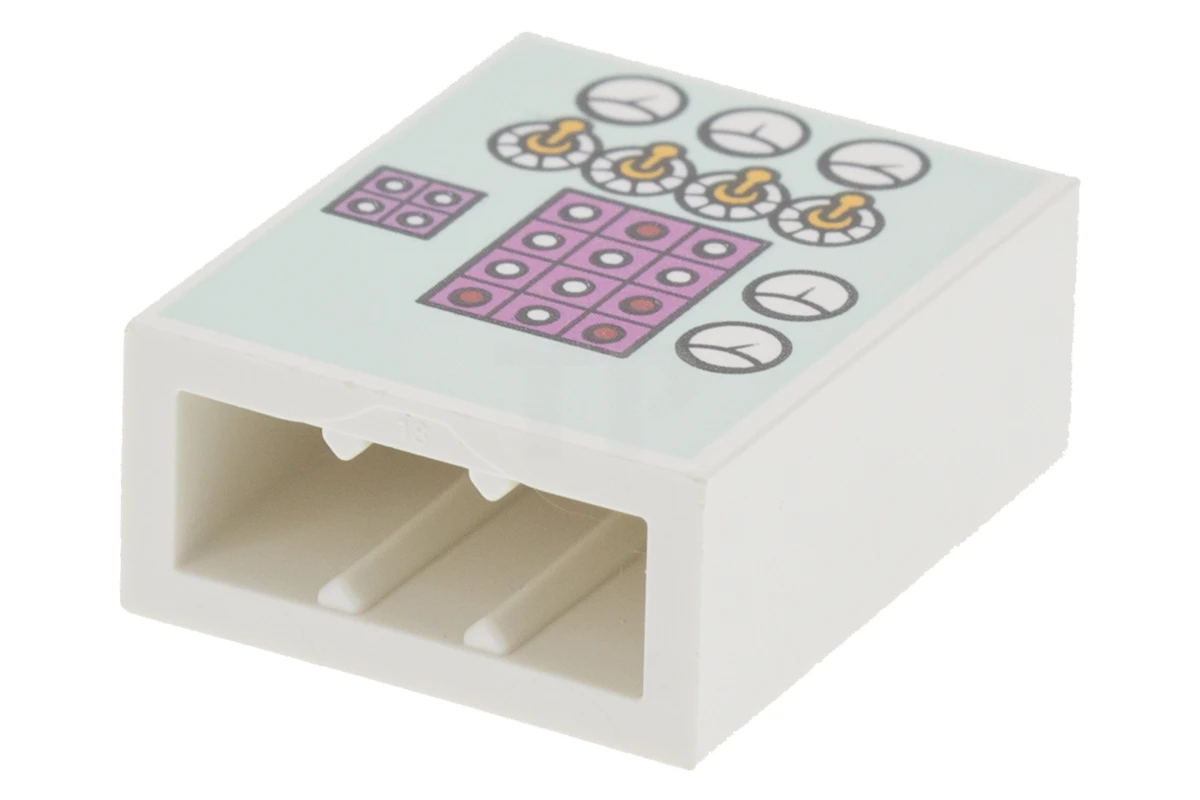 LEGO&reg; 6175982 - 3245cpb048 - Brick 1 x 2 x 2 with Inside Stud Holder with Gauges, Toggle Switches and Buttons on Light Aqua Background Pattern