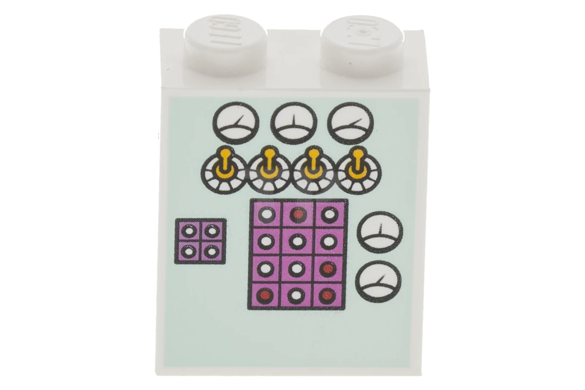 LEGO&reg; 6175982 - 3245cpb048 - Brick 1 x 2 x 2 with Inside Stud Holder with Gauges, Toggle Switches and Buttons on Light Aqua Background Pattern