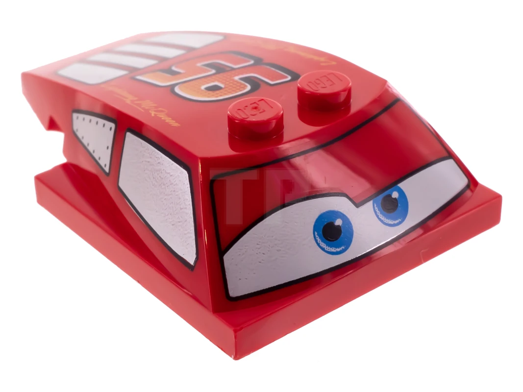 LEGO&reg; 6186489 - 93591pb18 - Wedge 6 x 4 x 1 1/3 with 4 x 4 Base with Blue Eyes, Windows and Red and Yellow '95' Pattern