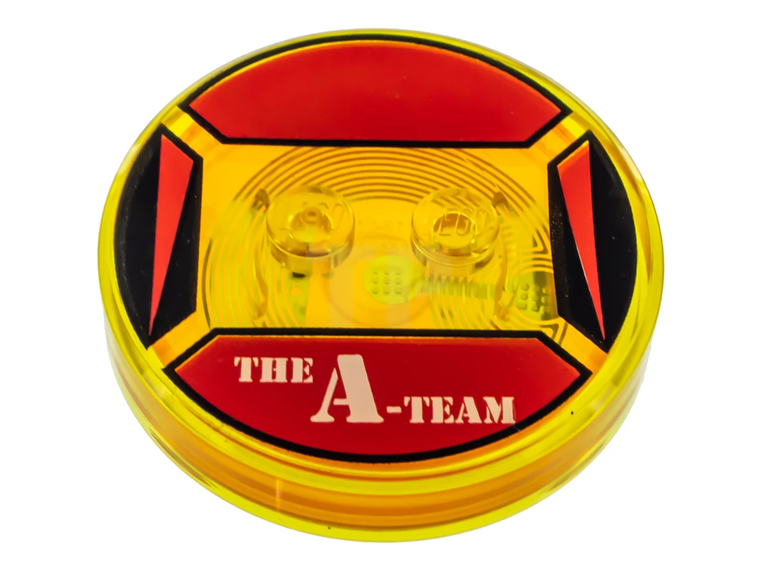 LEGO&reg; 6170759 - 18605c02pb02 - Dimensions Toy Tag 4 x 4 x 2/3 with 2 Studs for B.A Baracus #46 with Red Triangles and 'THE A-TEAM' Pattern