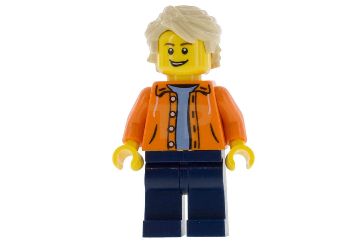 LEGO&reg; twn305 Oranje jas met capuchon over lichtblauwe trui