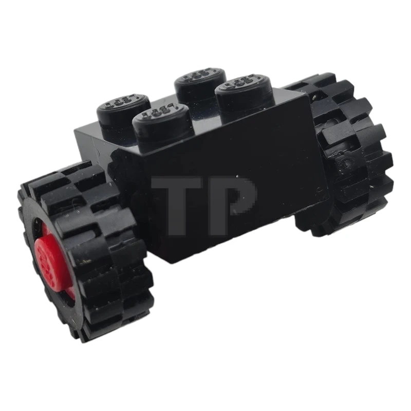LEGO&reg; 9068 - 3137c01assy2 - Brick, Modified 2 x 2 with Wheels Red for Single Tire, with Black Tires Offset Tread Small (3137c01 / 3641)