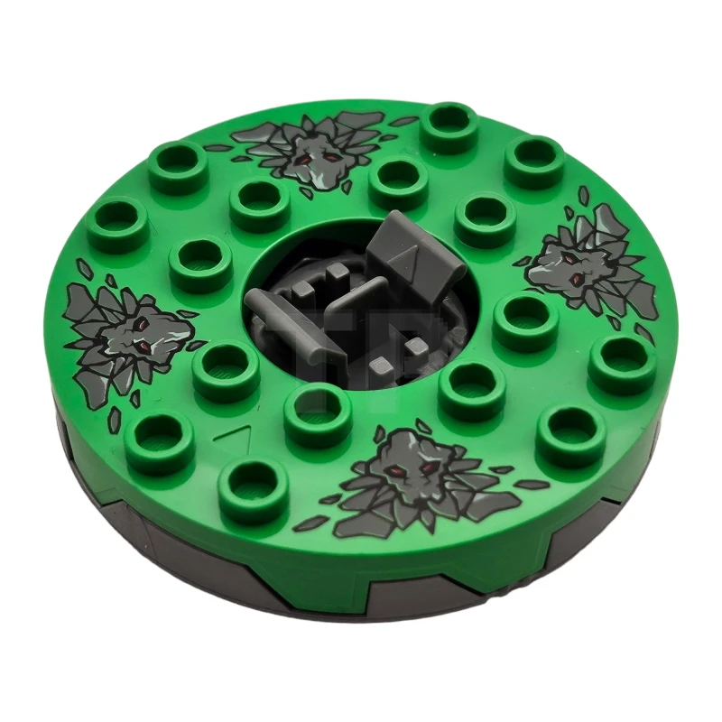 LEGO&reg;  - 98318c05pb01 - Giradischi 6 x 6 a base rotonda seghettata con top verde brillante e motivo di teste di pietra grigio-bluastro (Ninjago Spinner)