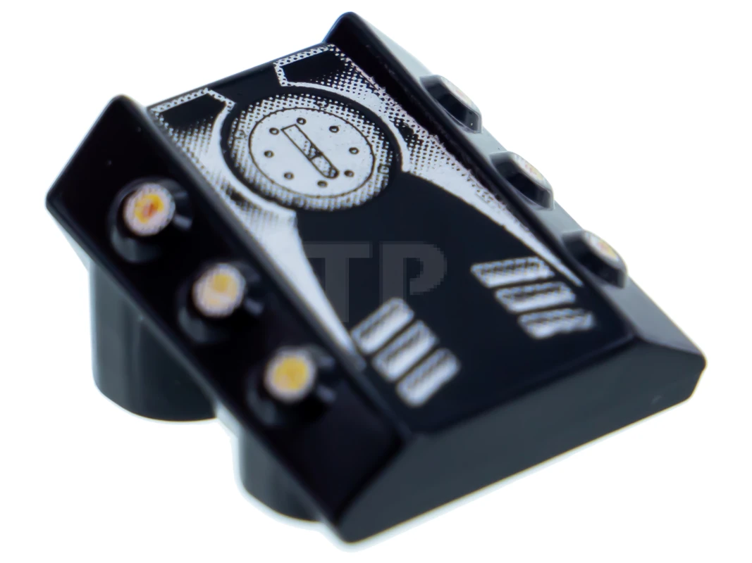 LEGO&reg; 4171488 - 30603pb01 - Brique, modifiée 2 x 2 sans studs, en pente avec 3 pistons latéraux relevés et motif de moteur argenté.