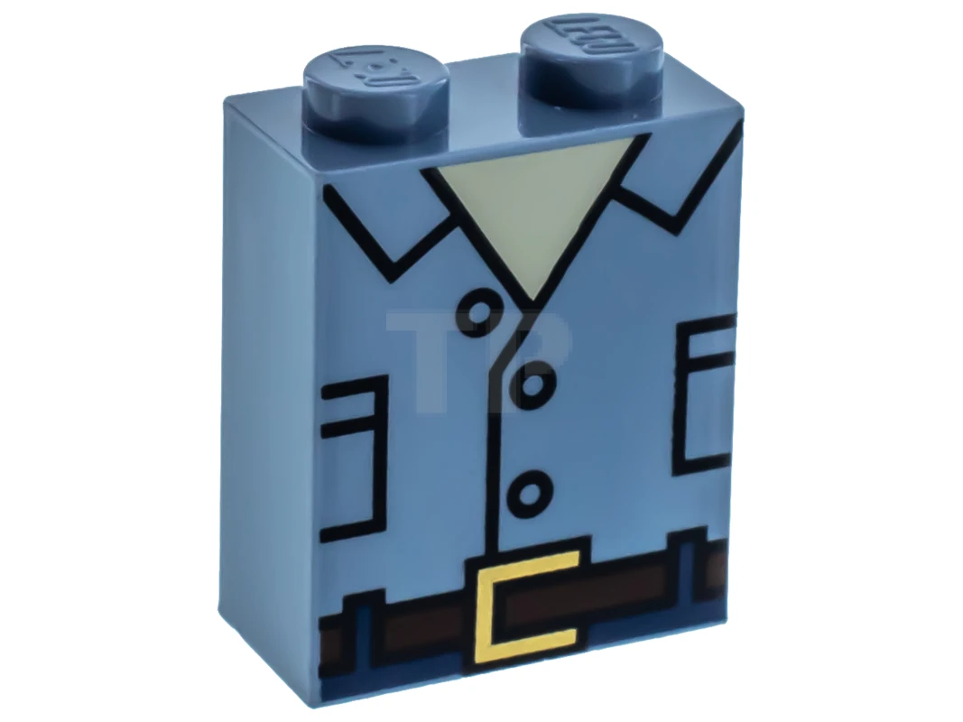 LEGO&reg; 6234840 - 3245cpb074 - Brick 1 x 2 x 2 with Sand Blue Shirt and Reddish Brown Belt Pattern