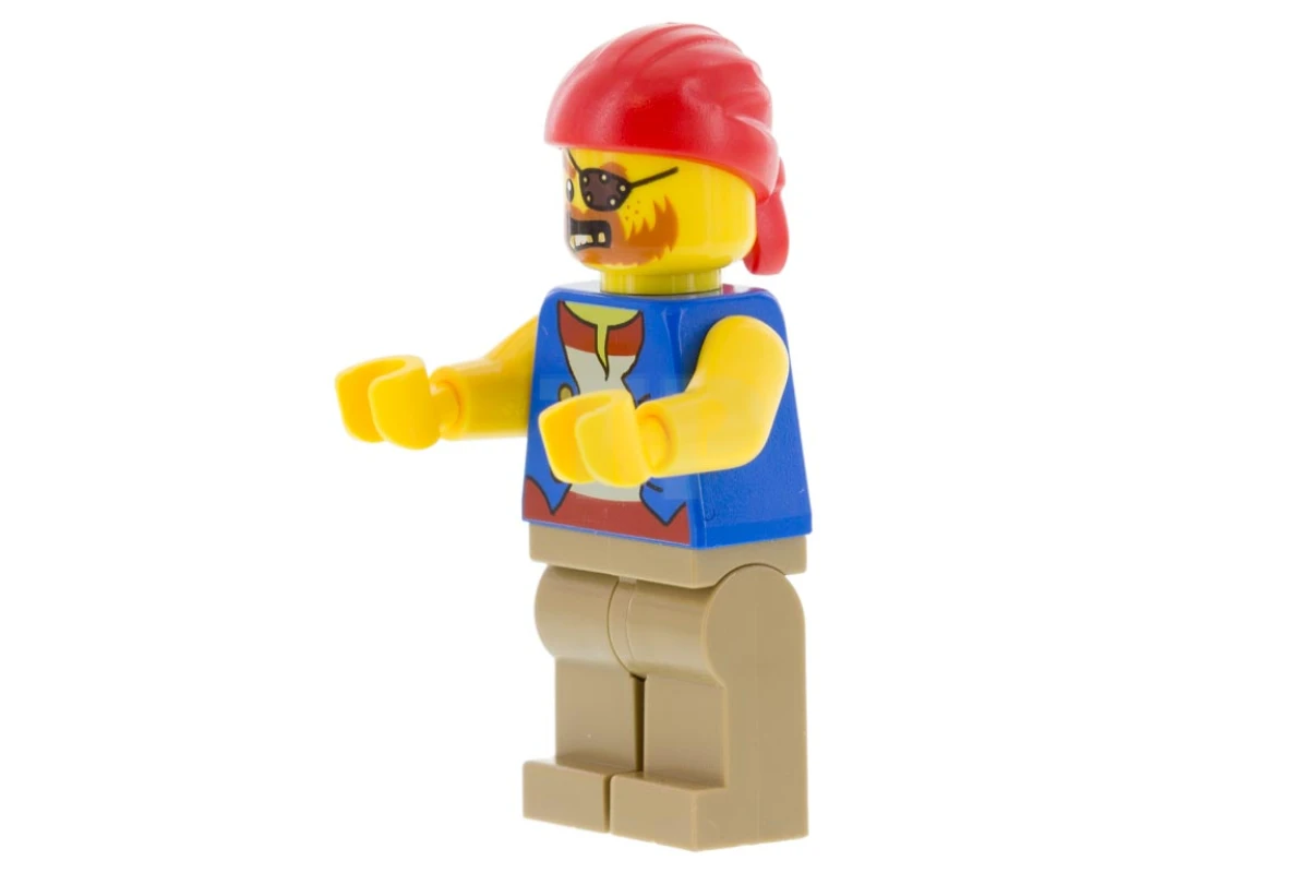 LEGO&reg; twn332 Homme pirate, chemise rayée rouge et blanche sous gilet bleu, bandana rouge, cache-œil gauche et 3 dents en or, jambes bronzées (31084)