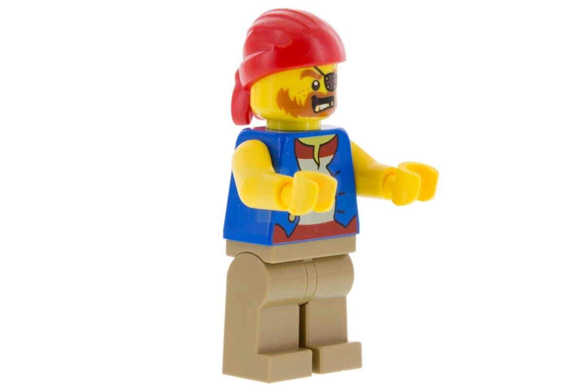 LEGO&reg; twn332 Homme pirate, chemise rayée rouge et blanche sous gilet bleu, bandana rouge, cache-œil gauche et 3 dents en or, jambes bronzées (31084)