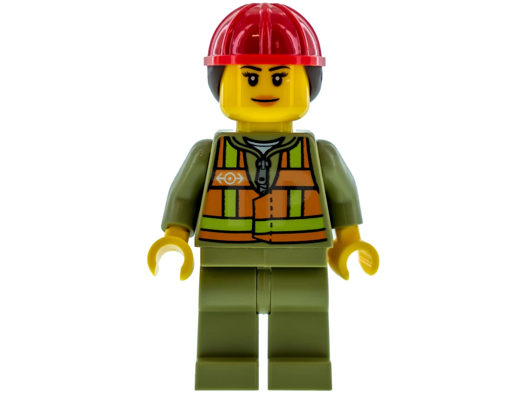 LEGO&reg; trn246 Travailleuse du train - Femme, gilet de sécurité orange avec sangles de couleur lime, jambes de couleur olive, casque de chantier rouge avec queue de cheval (60198)