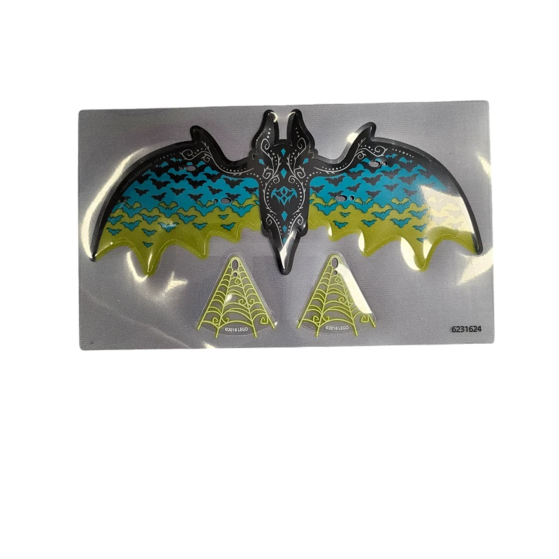 LEGO&reg; 6231624 - 41195pls01 - Plastic Wings with Black and Dark Turquoise Bat Pattern and Trans-Neon Green Spider Web Pattern, Sheet of 3