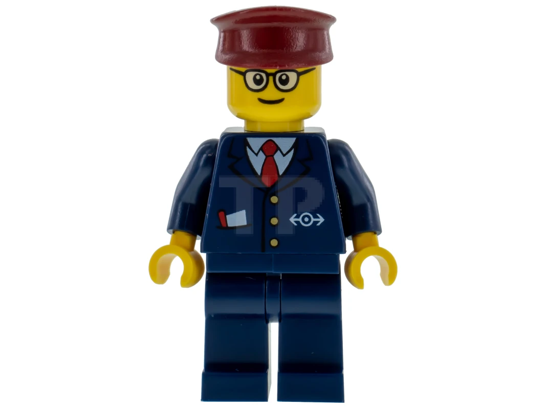 LEGO&reg; trn115a Costume bleu foncé avec logo du train, jambes bleu foncé, chapeau rouge foncé, lunettes arrondies - Conducteur de tramway