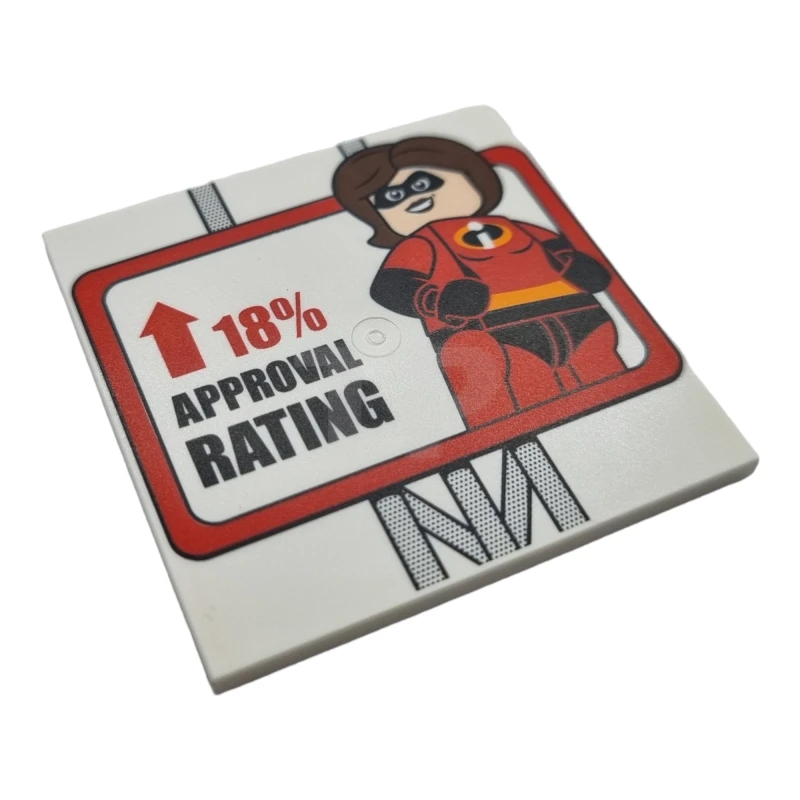 LEGO&reg; 6221836 - 10202pb006 - Tile 6 x 6 with Bottom Tubes with Mrs. Incredible, Arrow and '18% APPROVAL RATING' Sign Pattern
