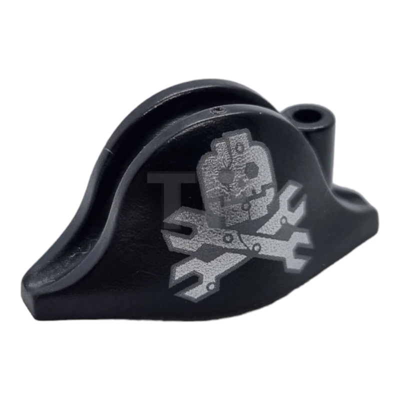 LEGO&reg; 6250682 - 2528pb13 - Minifigure, Headgear Hat, Pirate Bicorne with Silver Minifigure Skull with Half Mask and Wrenches Crossbones Pattern