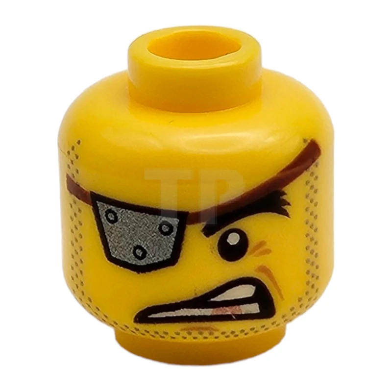 LEGO&reg; 6250649 - 3626cpb2269 - Minifigure, Head Silver Eyepatch with Rivets, Raised Eyebrow, Gold Tooth, Stubble Pattern (MetalBeard) - Hollow Stud