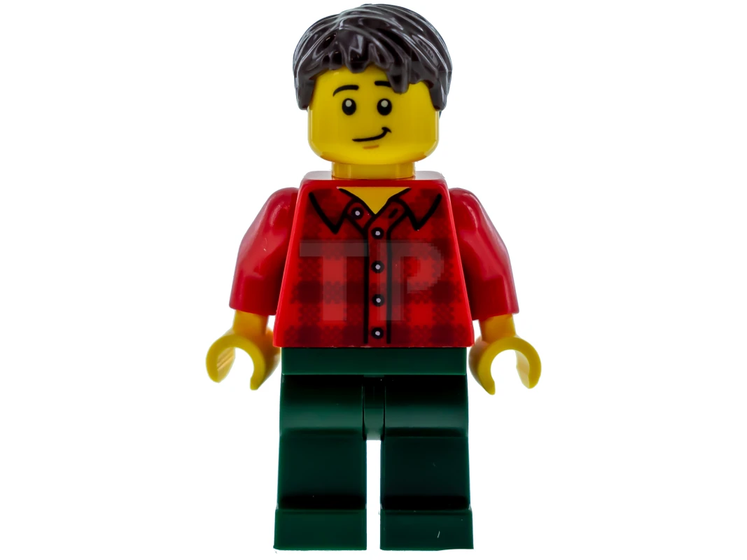 LEGO&reg; twn363 Homme avec une chemise en flanelle rouge, un pantalon vert foncé et des cheveux brun foncé.