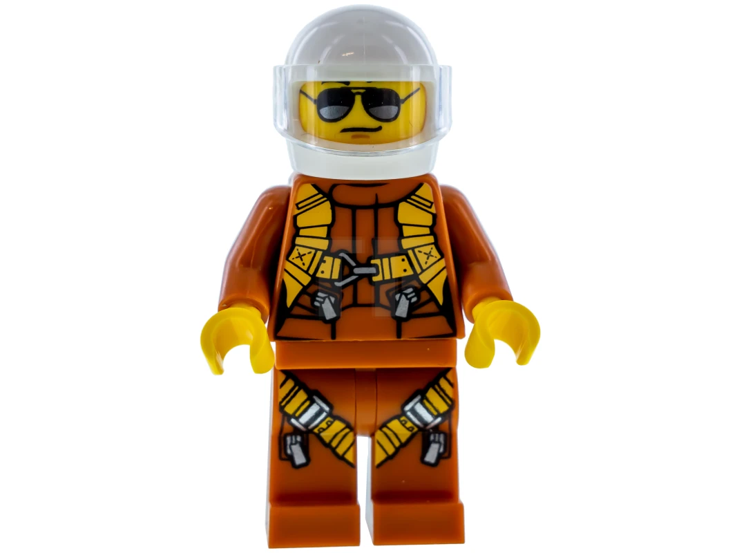 LEGO&reg; twn364 Piloto - Mono Naranja Oscuro, Piernas Naranja Oscuro con Correas, Casco Blanco, Visera Transparente, Gafas de Sol Negras y Plateadas