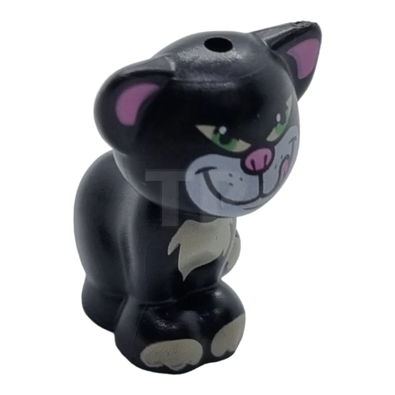 LEGO&reg; 6390763 - 11602pb07 - Kat, Friends / Elfen, Zittend met donkerroze oren en neus en tong, wit gezicht, groene ogen met geelgroen en vlekkenpatroon (Lucifer)