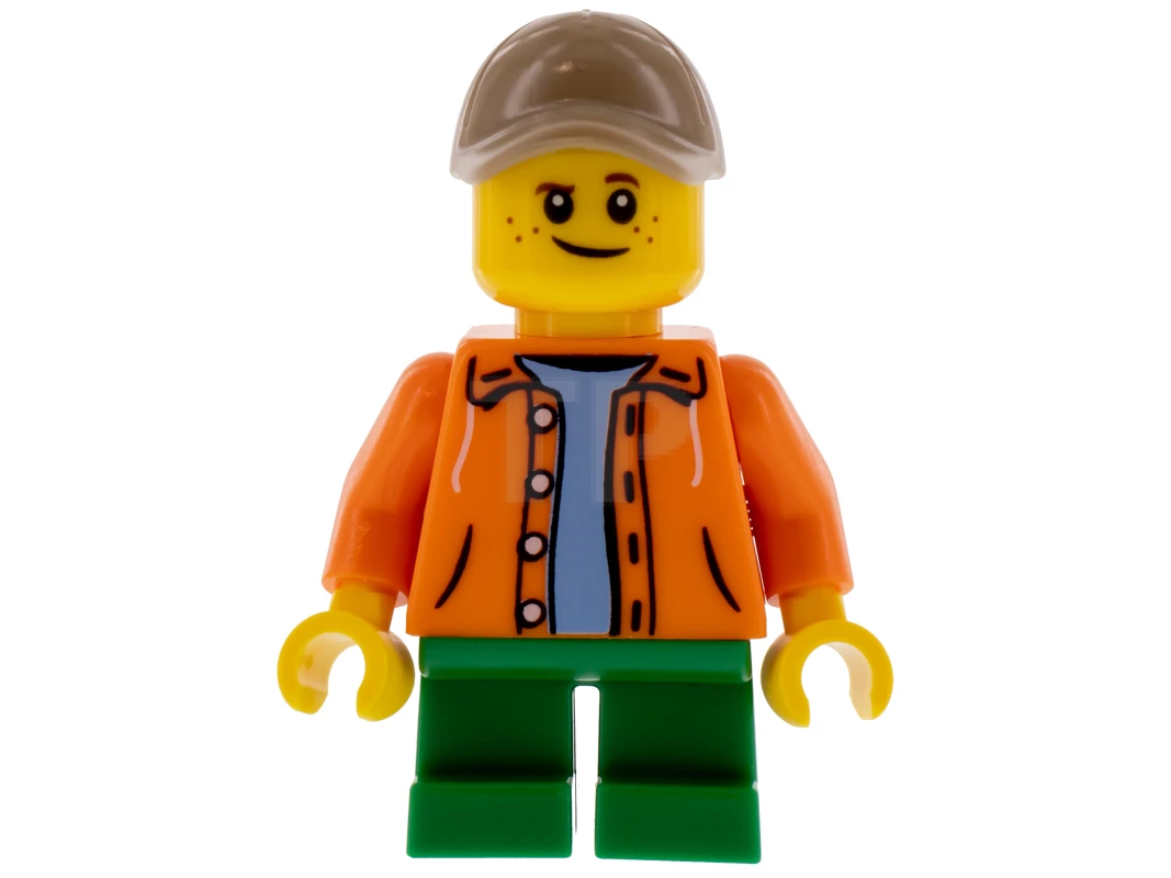 LEGO&reg; twn291 Boy, Orange Jacket with Hood over Light Blue Sweater, Green Short Legs, Dark Tan Cap with Hole