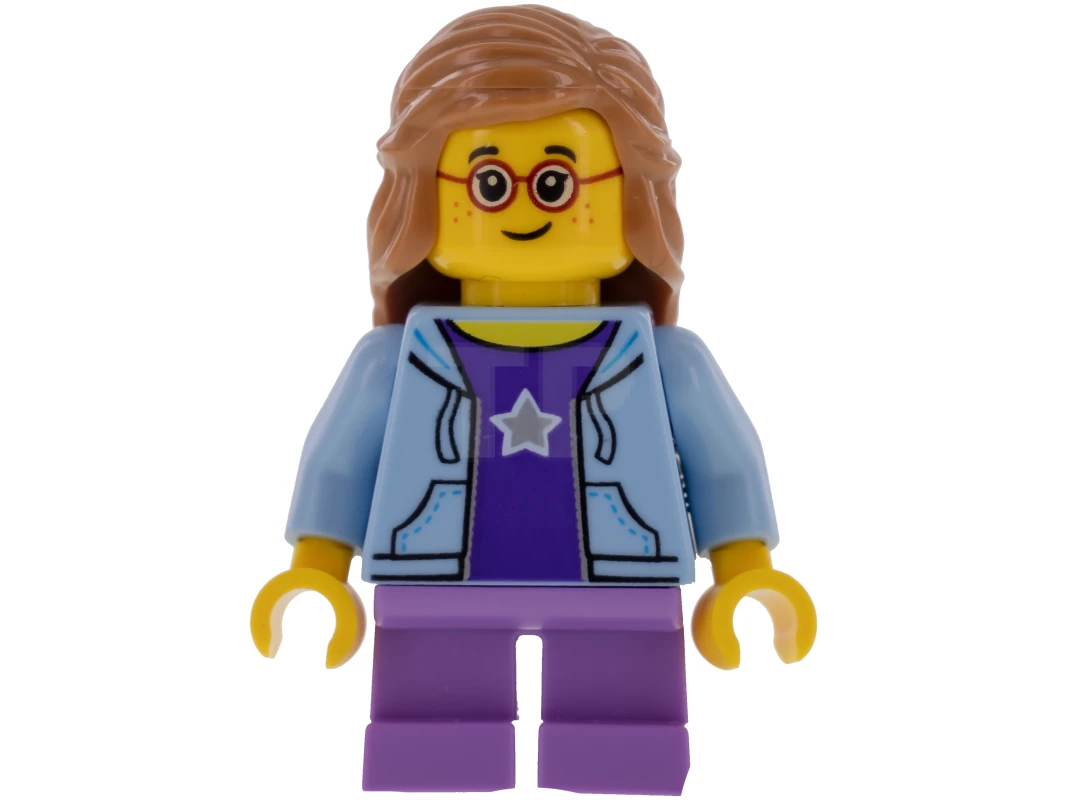 LEGO&reg; twn289 Girl, Bright Light Blue Hoodie, Medium Lavender Short Legs, Medium Dark Flesh Female Hair Mid-Length, Glasses
