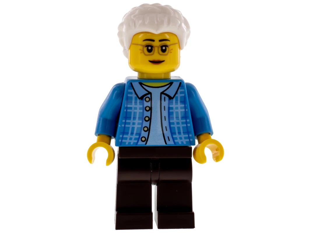 LEGO&reg; twn294 Grandma, Dark Azure Plaid Jacket with Collar, Dark Brown Legs and White Hair