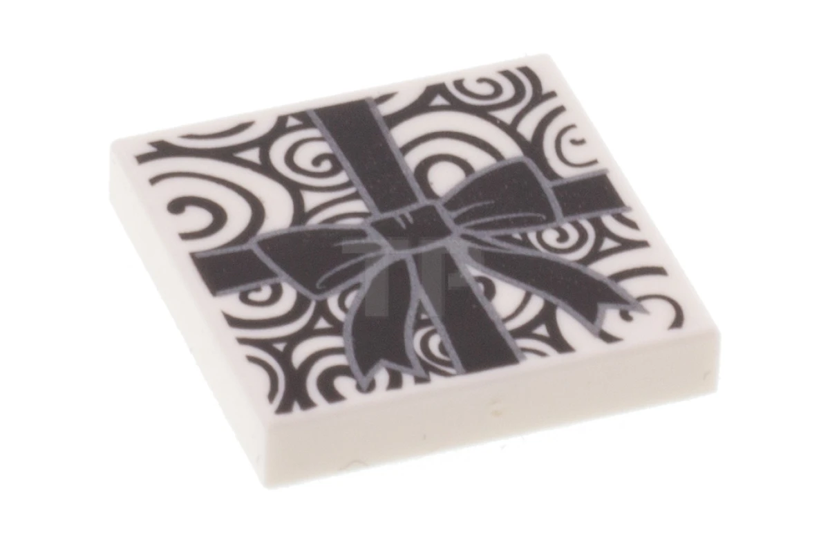 LEGO&reg; 6258829 - 3068pb1223 - Tile 2 x 2 with Black Spirals and Giftwrap Ribbon and Bow Pattern