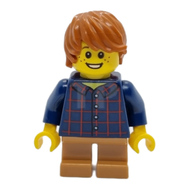 LEGO&reg; hol088 Geruit overhemd met knoop, middeldonkere vlezige korte benen, donkeroranje haar warrig