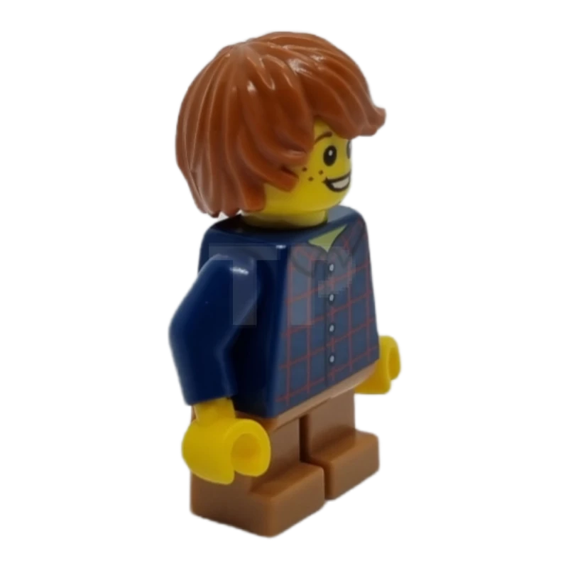LEGO&reg; hol088 Geruit overhemd met knoop, middeldonkere vlezige korte benen, donkeroranje haar warrig