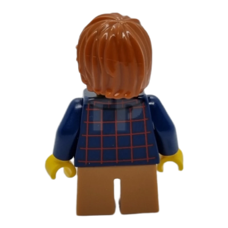 LEGO&reg; hol088 Geruit overhemd met knoop, middeldonkere vlezige korte benen, donkeroranje haar warrig