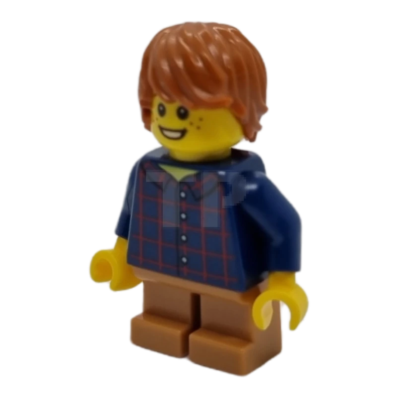 LEGO&reg; hol088 Geruit overhemd met knoop, middeldonkere vlezige korte benen, donkeroranje haar warrig