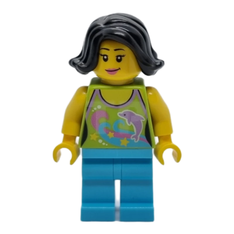 LEGO&reg; hol089 Vrouw Kalk Halter Top met Dolfijn Patroon, Medium Azure Benen, Zwart Vrouwelijk Haar Kort Opzij Geveegd