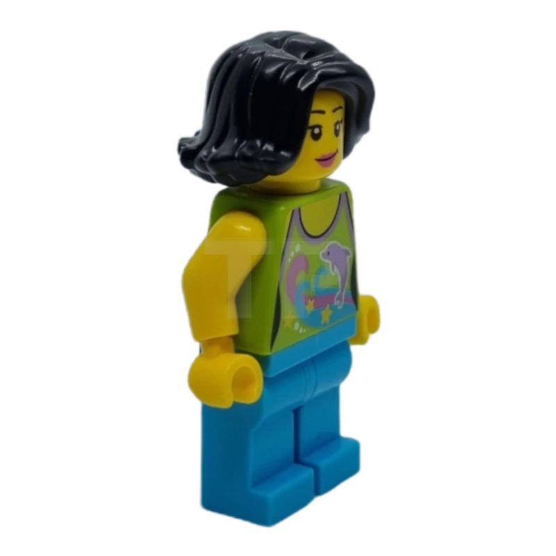 LEGO&reg; hol089 Vrouw Kalk Halter Top met Dolfijn Patroon, Medium Azure Benen, Zwart Vrouwelijk Haar Kort Opzij Geveegd