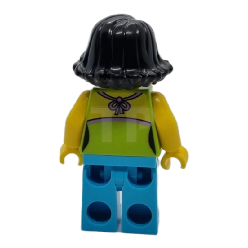 LEGO&reg; hol089 Vrouw Kalk Halter Top met Dolfijn Patroon, Medium Azure Benen, Zwart Vrouwelijk Haar Kort Opzij Geveegd