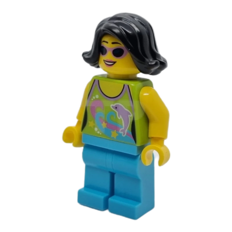 LEGO&reg; hol089 Vrouw Kalk Halter Top met Dolfijn Patroon, Medium Azure Benen, Zwart Vrouwelijk Haar Kort Opzij Geveegd